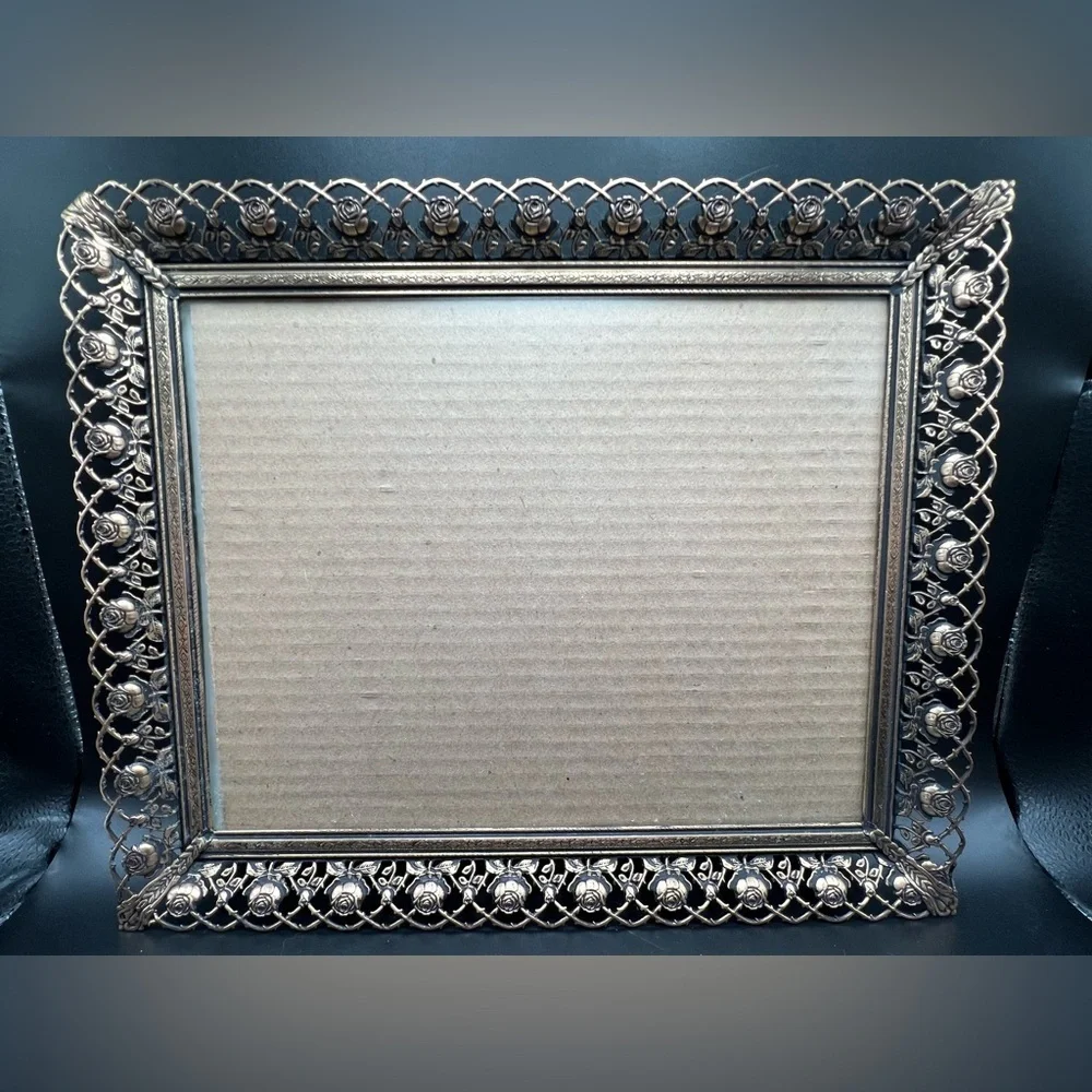 Vintage goldtone metal rose filigree picture frame 7”x9” MCM Ornate